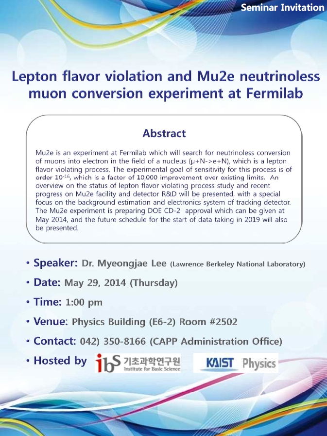 [CAPP Seminar] Lepton flavor violation and Mu2e neutrinoless muon conversion experiment at Fermilab 사진