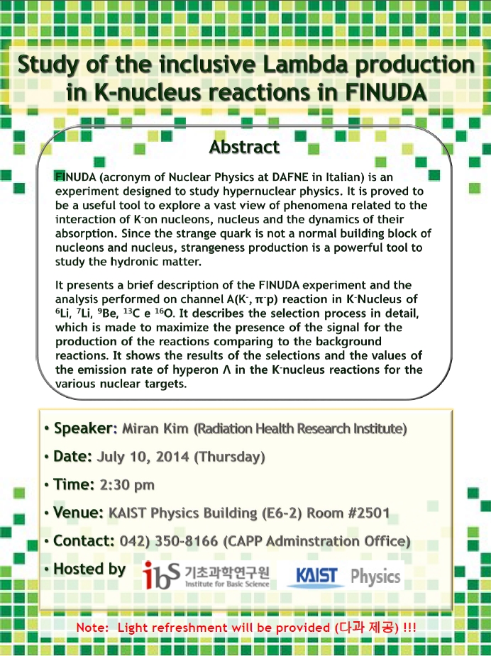 [CAPP Seminar] Study of the inclusive Lambda production in K-nucleus reactions in FINUDA 사진
