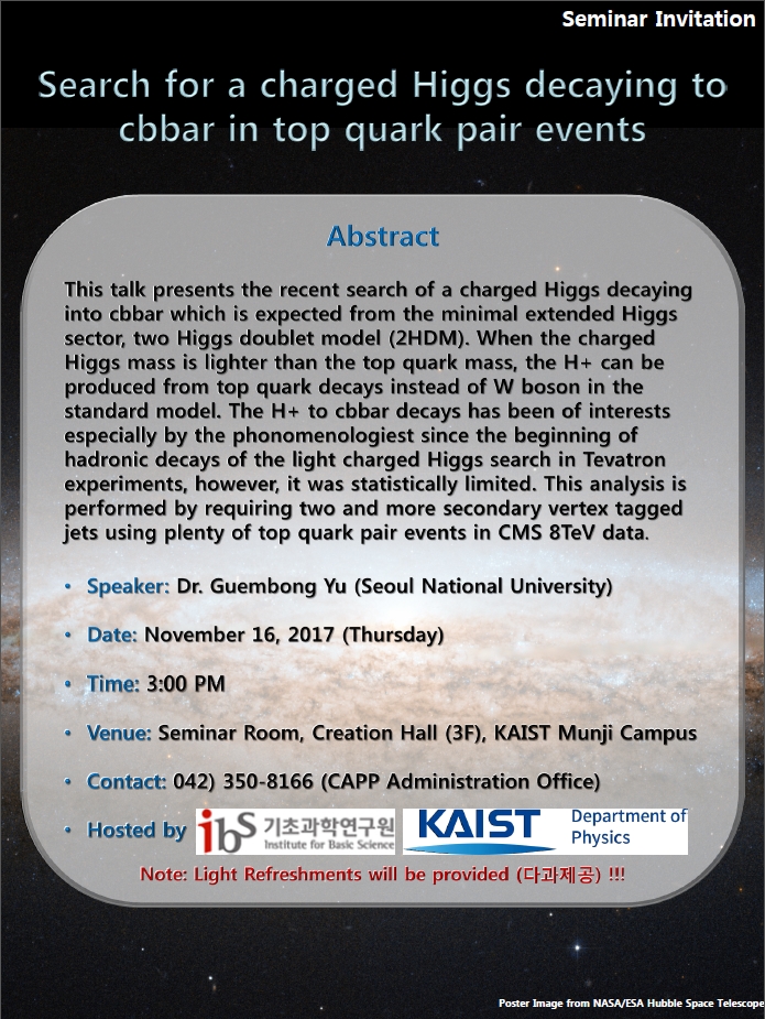 [CAPP Seminar] Search for a charged Higgs decaying to cbbar in top quark pair events