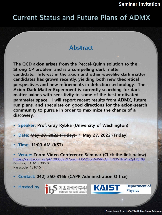 [CAPP Seminar] Current Status and Future Plans of ADMX - May 27, 2022