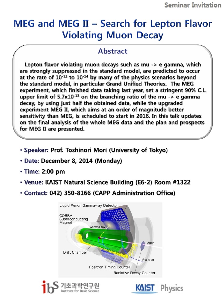 [CAPP Seminar] MEG and MEG II - Search for Lepton Flavor Violating Muon Decay 사진