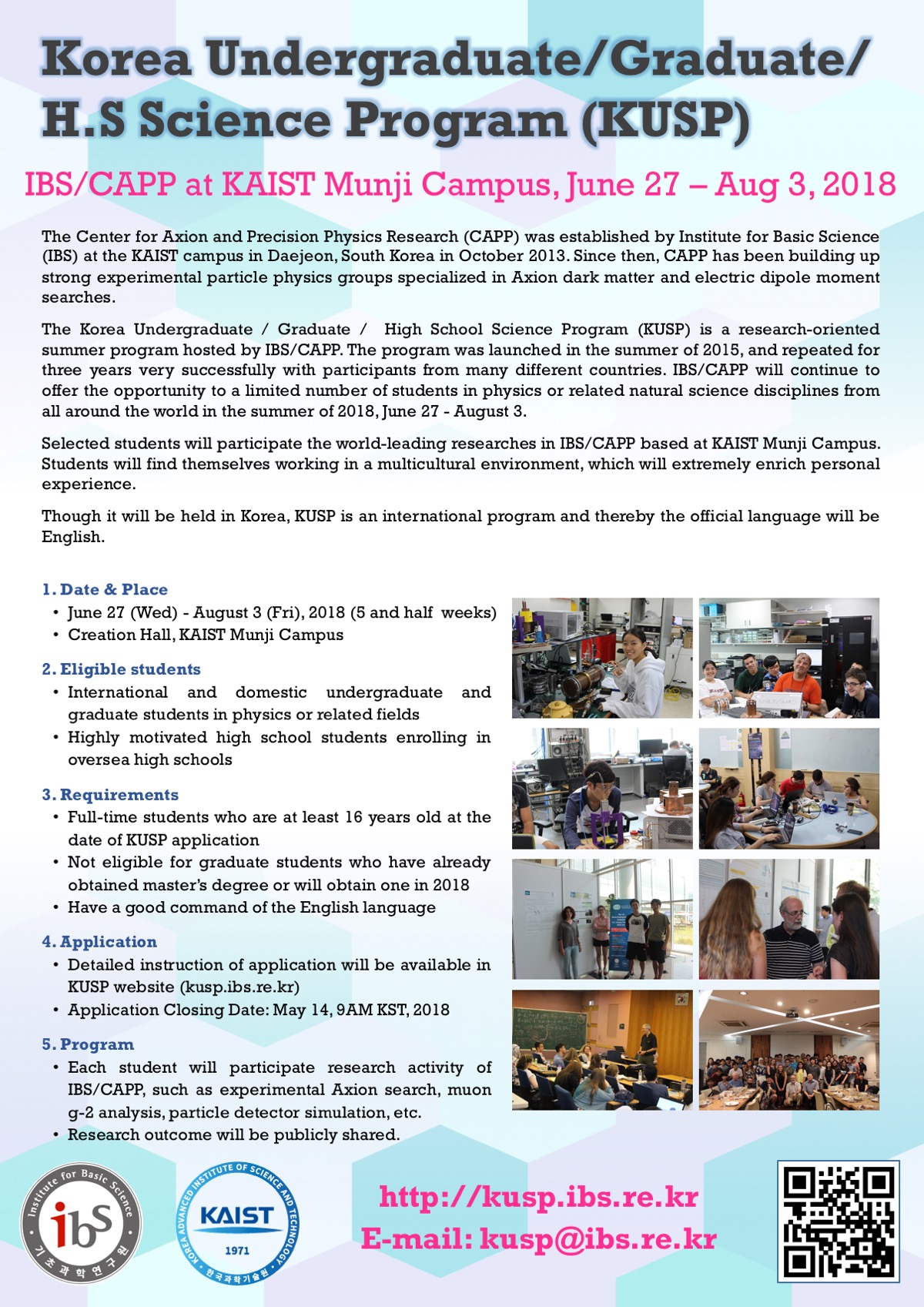 CAPP Korea Undergraduate/ Graduate/ H.S. Science Program 2018 (KUSP 2018) - Registration! 사진