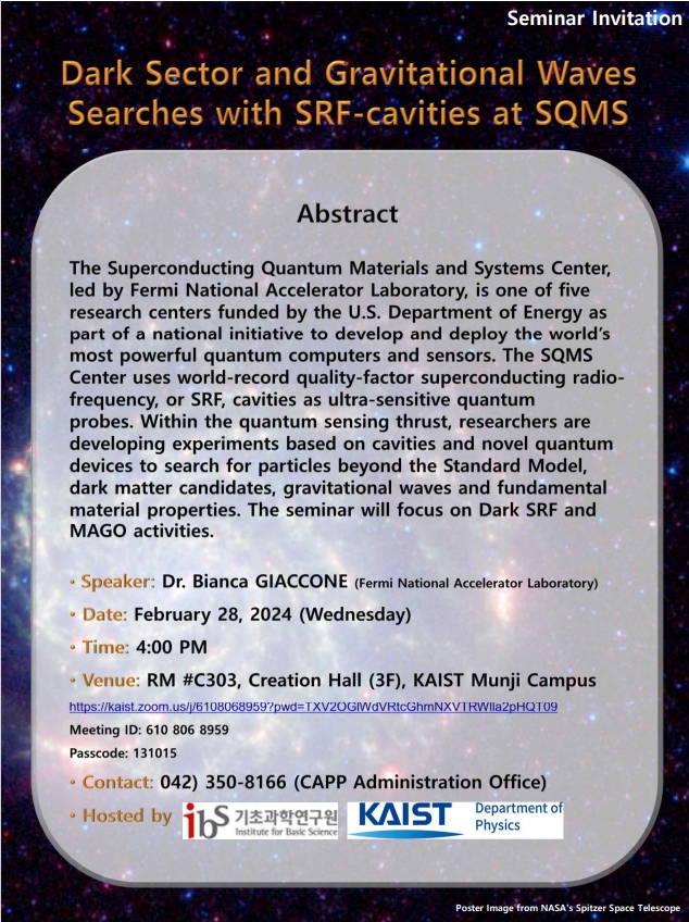 [CAPP Seminar] Dark Sector and Gravitational Waves Searches with SRF-cavities at SQMS 사진